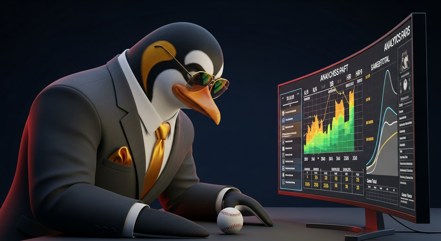 Donnie Dimes studying pitcher matchup analytics — K/9, BB/9, HR/9 heat maps on monitor